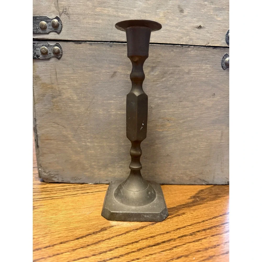 Vintage Solid Brass Taper Candlestick Holder Square Base Hexagon Stem 7.5 Inch